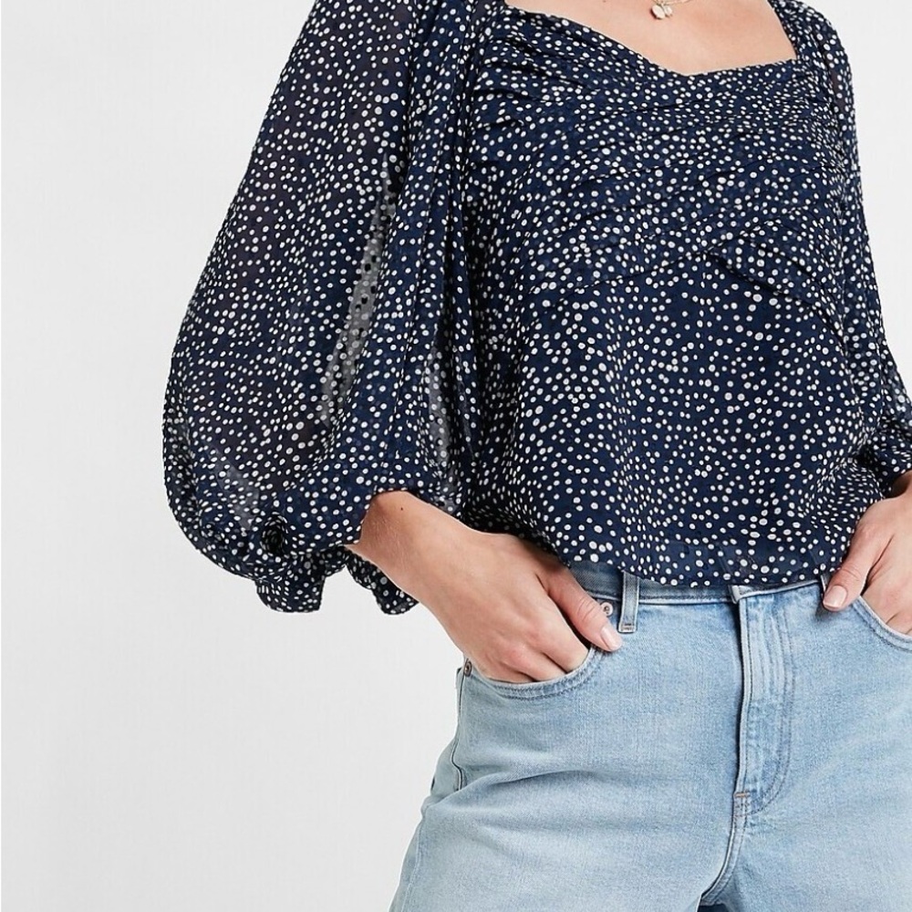 Express Navy and White Puff Sleeve Polka Dot Blouse